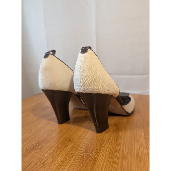 Y2K Kenneth Cole City Linen Heels SZ 9.5 Ivory Brown Leather Spectator [Y10] - Picture 6 of 9
